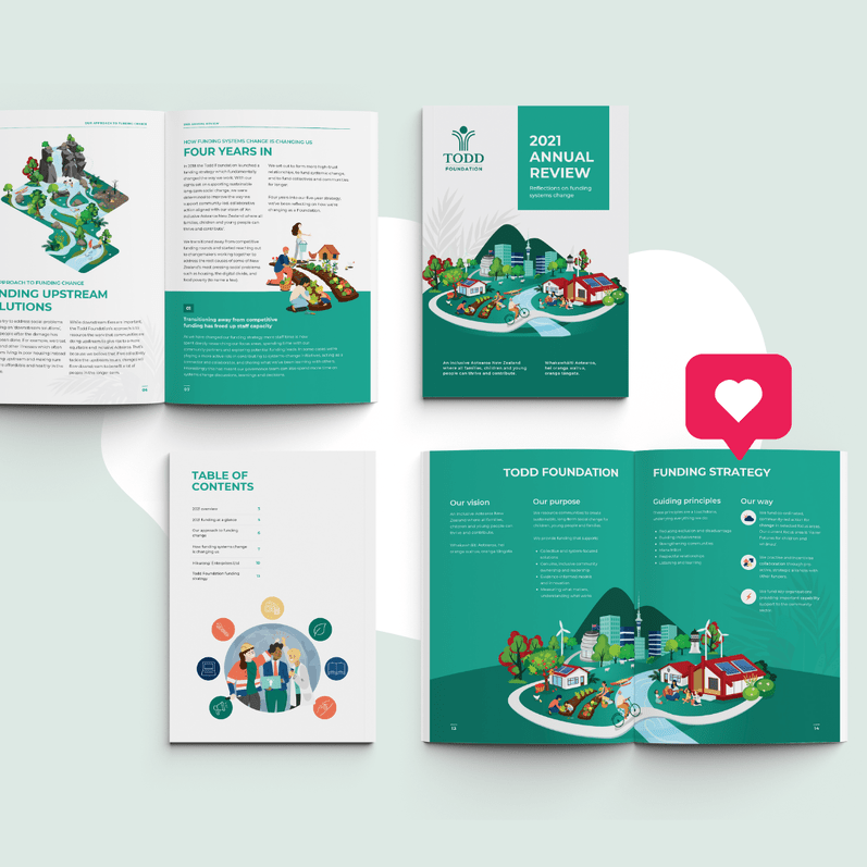 Open annual review brochure for Todd Foundation featuring vibrant illustrations of community development, funding strategy, and a table of contents