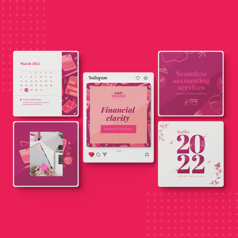 Collection of vibrant pink and purple Instagram posts, including a calendar, New Year greeting, and branding for seamless accounting services