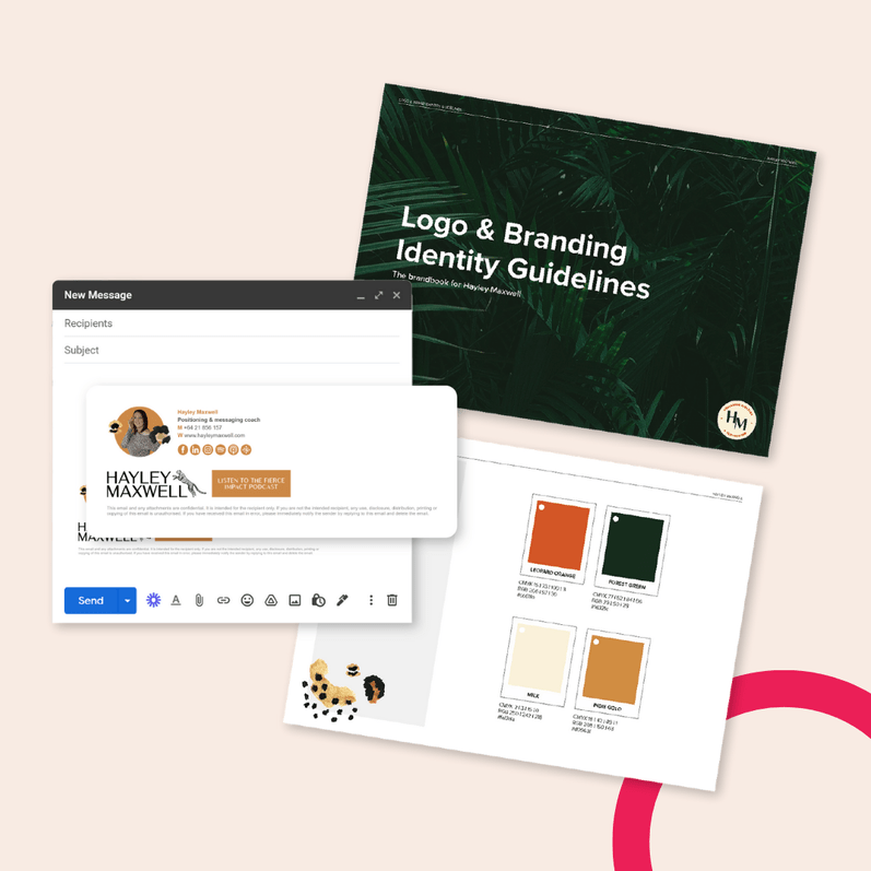 Branding guidelines for Hayley Maxwell, featuring logo, email signature in an email inbox, and colour palette options with jungle background