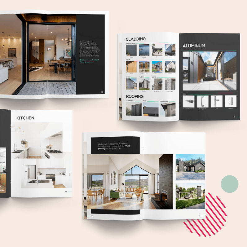 Open brochures showcasing modern kitchen, roofing, cladding, and aluminum designs with large images of stylish interiors and exteriors, placed on a soft pink background