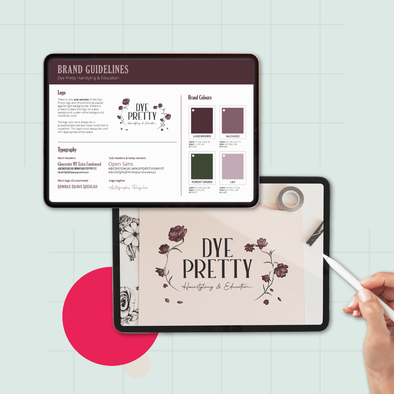 Tablet displaying brand guidelines for 'Dye Pretty' with logo, typography, and brand colours, beside a desk with a sketch of the logo and a hand holding a pencil