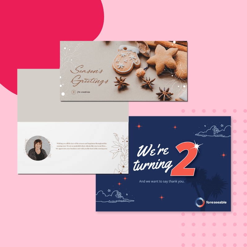 Seasonal greeting cards featuring festive designs with star-shaped cookies, a holiday message, and a 'We're turning 2' announcement for Foreseeable