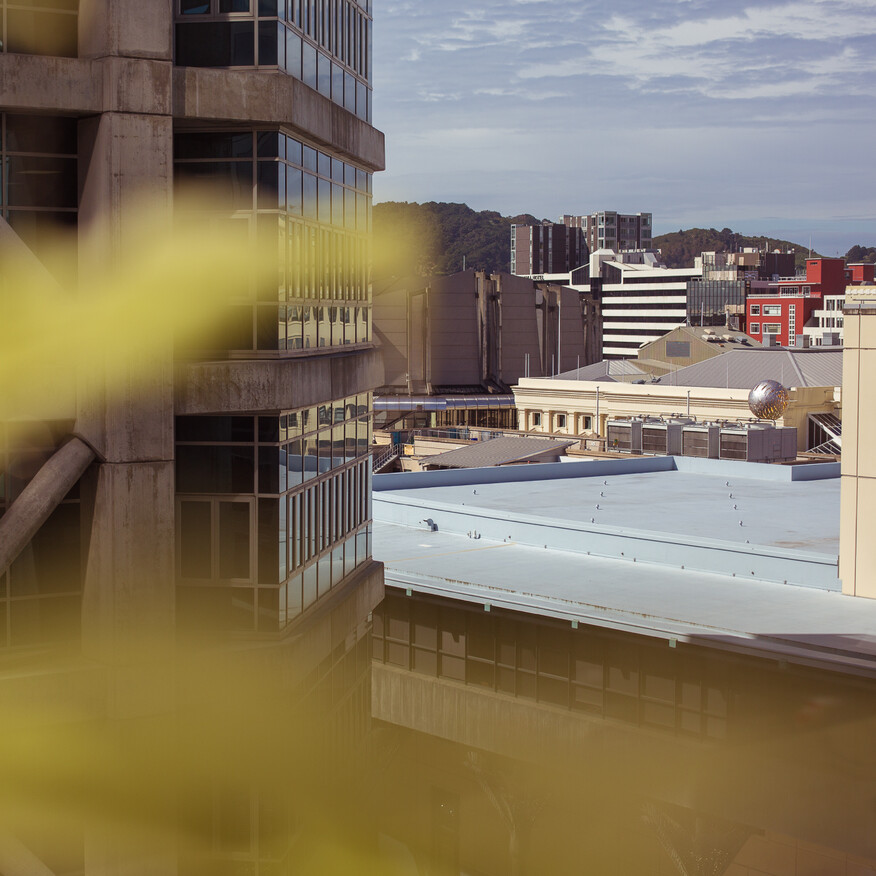 Urban cityscape view from a high building with a blurred foreground of foliage, showing buildings and distant hills