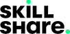 Skillshare logo with bold black uppercase text "SKILL SHARE" stacked, featuring two small green dots accenting the letters "I" and the period at the end