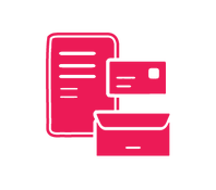 Pink icons representing a letter, business card, and envelope for 'Digital Stationery Templates' text below