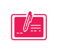 Pink icon of a pen writing on a form, representing 'Email Signatures' text below
