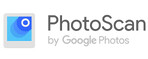 PhotoScan logo with a blue square icon featuring a white camera lens effect, followed by "PhotoScan" in grey sans-serif letters and "by Google Photos" in a smaller font beneath