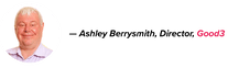 Ashley Berrysmith, Director of Good3, smiling in a light purple shirt, with his name and title in black and company name in pink