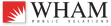 WHAM Public Relations logo with bold black text and a red square on the left, featuring a white abstract burst design