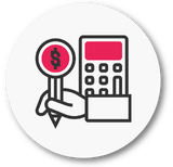 Hand holding a dollar sign marker next to a calculator, framed within a white circle, with "Bookkeeping" text below
