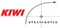 Kiwi Electronics logo features "KIWI" in bold red uppercase, with "electronics" in lowercase black letters below, alongside a curved graph line with an arrow