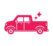 Pink icon of a truck with sparkling wheels, representing 'Vehicle Signwriting' text below