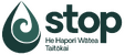 STOP logo has a dark green water droplet with a swirl, bold lowercase "stop" beside it, and "He Hapori Watea Taitōkai" in smaller text below