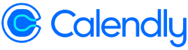 Calendly logo with a stylised blue "C" icon featuring a wave-like design inside, followed by the brand name in bold blue text
