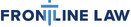 Frontline Law logo in bold navy blue text, with the "I" stylised as a sword featuring a light blue balanced scale on top
