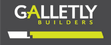 Galletly Builders logo with white and lime green text on a dark grey background, featuring a white and lime green bar design underneath
