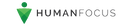 Human Focus logo with a green geometric figure resembling a person, a circular head, triangular body, alongside the company name in black uppercase letters