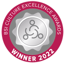 Silver award badge with "BSI Culture Excellence Awards" in a pink circle, "Winner 2022" at the bottom, and a teamwork icon in the centre