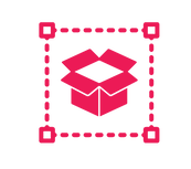 A pink packaging design icon with a box inside a dotted outline, representing 'Packaging Design' text below