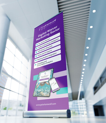 Purple pull-up banner advertising Digital services in a modern office hallway.