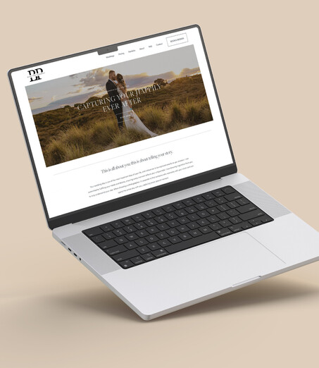 Laptop mockup displaying the Blink Photography website, on a beige background.