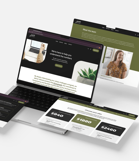 Jam Accounting website design mockups and pricing options displayed across multiple screens.