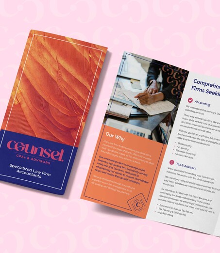 Open tri-fold brochure for 'Counsel CPAs & Advisors' in orange, blue, and white.