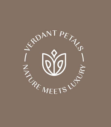 Verdant Petals white logomark on a brown background
