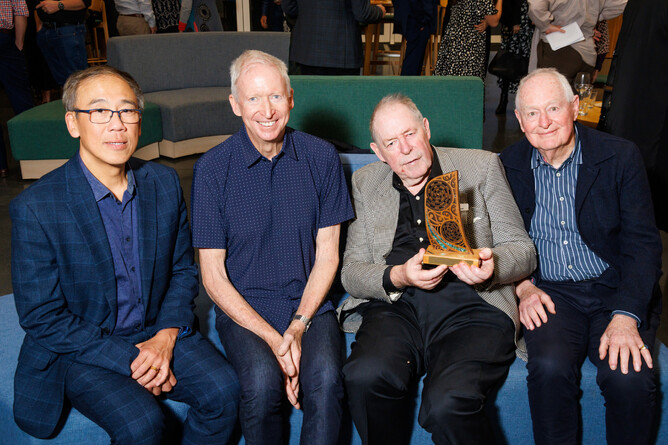 Peter Sun, John Cook, Bernie Crosby celebrating David Irving's Award for contribution to CELF - Photograph credit: BarkerPhotography
