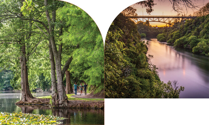 Lake Te Koo Utu and Vicoria bridge in Cambridge