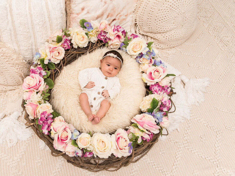 8 week baby girl looking at camera in a nest with flowers