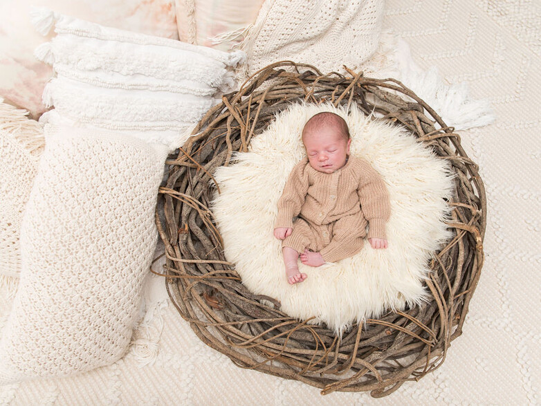 newborn baby in a nest in brown knitted suit