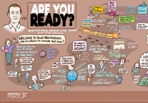 Illustrated graphic recording titled 'Are You Ready?' from Unstoppable Force Live 2025 with Stew Darling. The large visual depicts a journey-style map of personal leadership, resilience, and goal-setting. On the left, it asks 'Are you ready to achieve your goal?' with themes of readiness, anticipation, and dealing with setbacks. The middle features questions about mission statements, faith, hope, and discovering one’s unique dream. References to Maslow’s hierarchy of needs, intrinsic vs extrinsic motivation, and corporate/military mission strategies appear. On the right, lifestyle balance is shown: wealth, sleep, discipline, aerobic and resistance training, and good health. Final prompts ask 'How could the world look?' if societies fully supported human needs. Cartoon-style figures illustrate key lessons throughout.