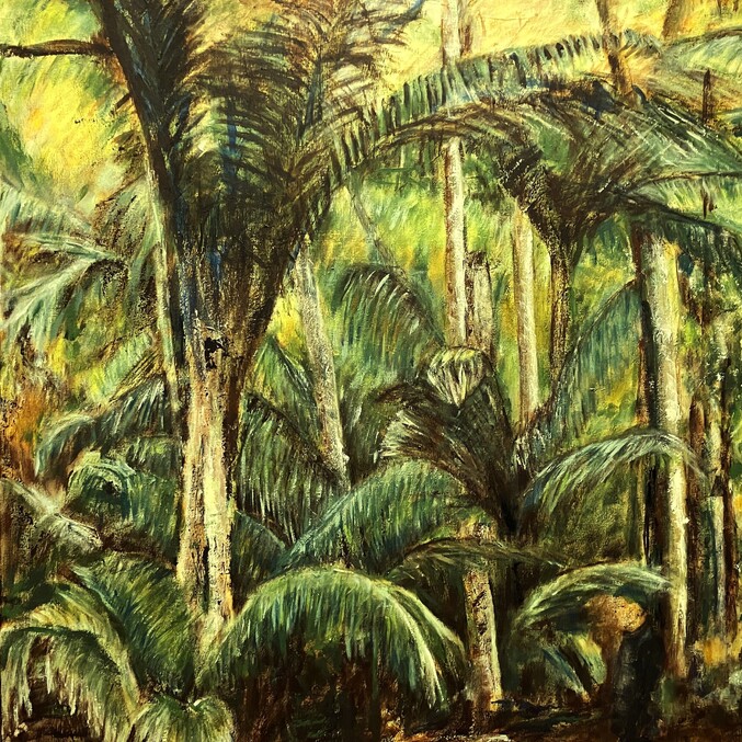 Image of painting by New Zealand artist, Dianne D Baker. Acrylic and oil painter. Waiheke Bush Walk.