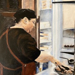 Image of painting by New Zealand artist, Dianne D Baker. Acrylic and oil painter. Cafe Barista.