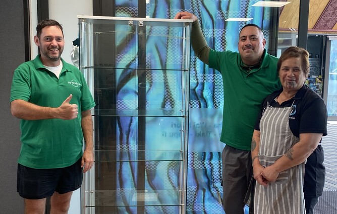 The Re-Source team delivers the cabinet to Te Kura Kaupapa Māori o Te Wānanga Whare Tapere o Takitimu.