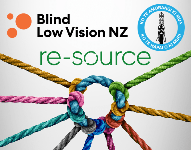 A group of thick, colourful ropes are gathered and knotted together at the centre, symbolising connection and unity. At the centre of the knot is the Re-Source logo in bold green text. The Blind Low Vision NZ logo sits in the top left corner, while the Te Kura Kaupapa Māori o Te Wānanga Whare Tapere o Takitimu logo is placed in the top right corner. The image has a clean, light background that makes the ropes and text stand out clearly.