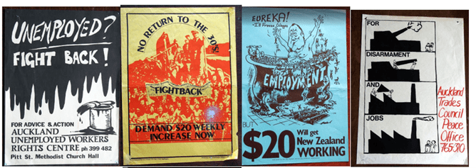 Images of four posters on fighting back against unemployment and in support of disarmament and job creation.
