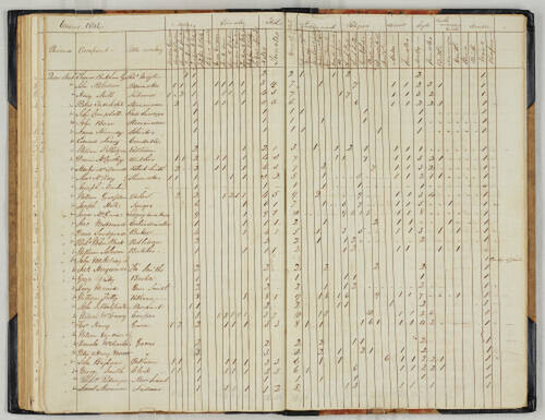 An open book. Pages ruled in columns and handwritten entries of dwellings and occupants.