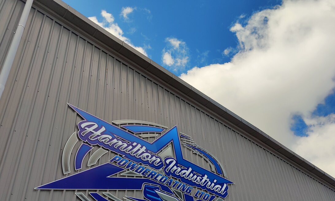 Photo of Hamilton Industrial Powdercoating's logo on their building at 12 Belfast Place, Frankton Hamilton