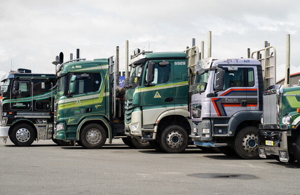 Photo of numerous logging trucks lined up in Truckworks' parking lot.