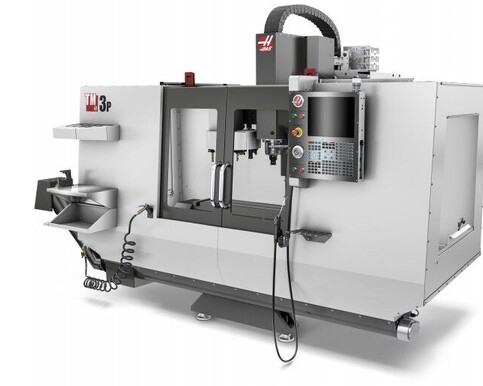 Rendered image of Haas TM3P vertical CNC machine with control panel and accessories.