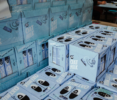Pallets of milk cartons ready to be distributed