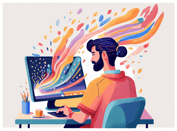 Image created from AI (Adobe Firefly): an illustration in a painted style showing lots of colours coming out of a designers computer, while he is typing and adjusting things. Showing the power of AI.
