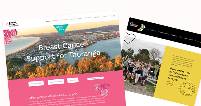 A graphic showing two website that enable social change: one is a 'Breast Cancer' website and a 'Keep Hamilton Beautiful' website