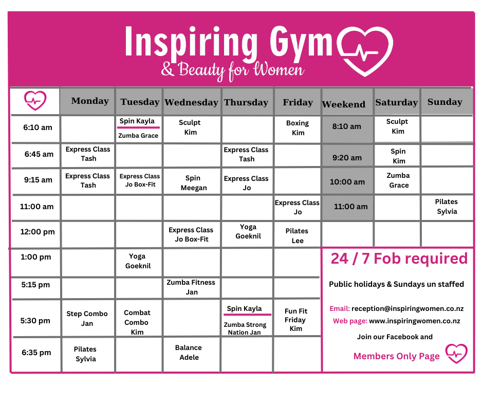 Class timetable Inspiring Womens Gym Limited