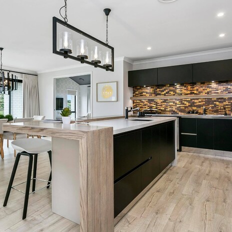 Image of modern tiled kitchen back splash. Tiling service by Cosmic Tiling for A1 Homes. Waikato.