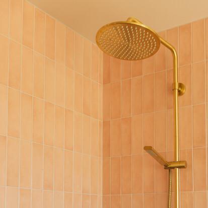 Image of modern tiled bathroom. Tiling service by Cosmic Tiling for Wild Canvas. Waikato.