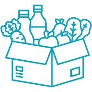 Foodbank icon of a cardboard box full of fruit, vegetables and drinks