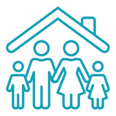 Outline drawing of a family of a man, woman and two kids standing under a house roof